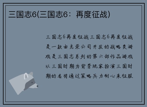 三国志6(三国志6：再度征战)